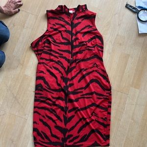 K GLAM RED ANIMAL PRINT NYLON DRESS SIZE X LARGE, some spandex, zipper in front